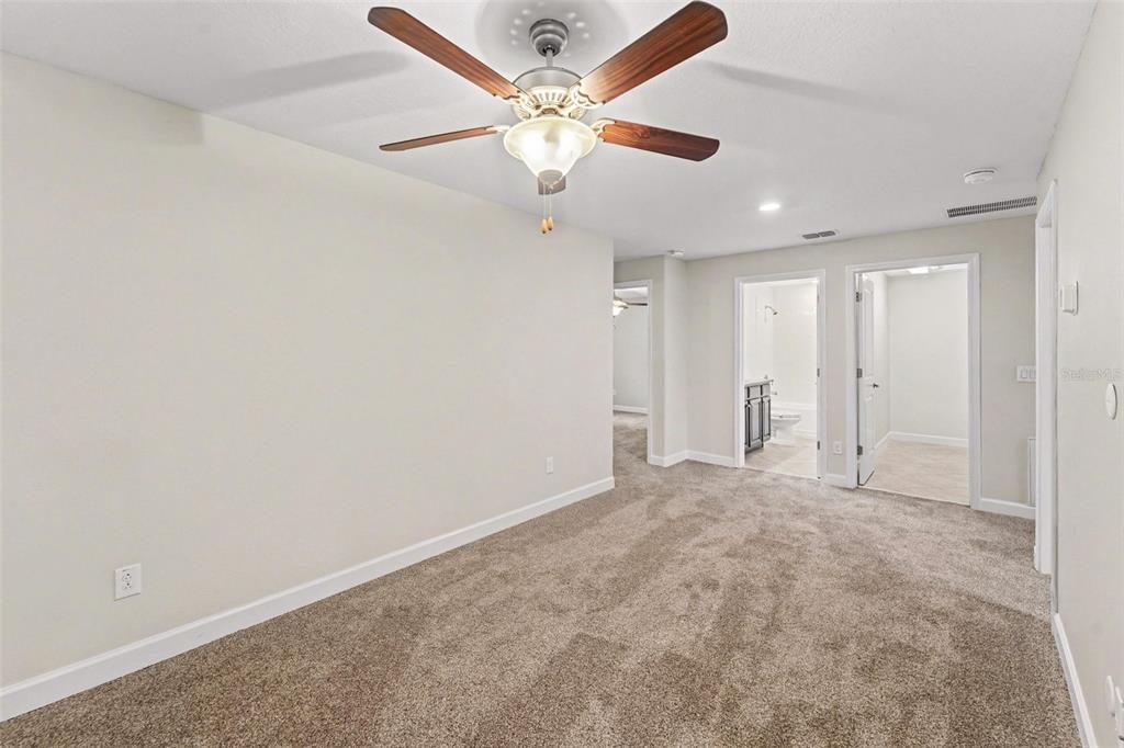 A carpeted bedroom features a ceiling fan and two doorways leading to a bathroom and hallway — 17335 OLD TOBACCO ROAD, LUTZ, FL