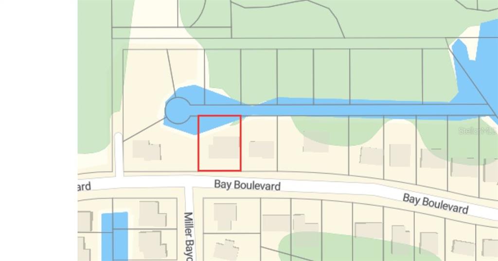This is a map showing a property lot highlighted in red along Bay Boulevard — 5105 BAY BOULEVARD, PORT RICHEY, FL