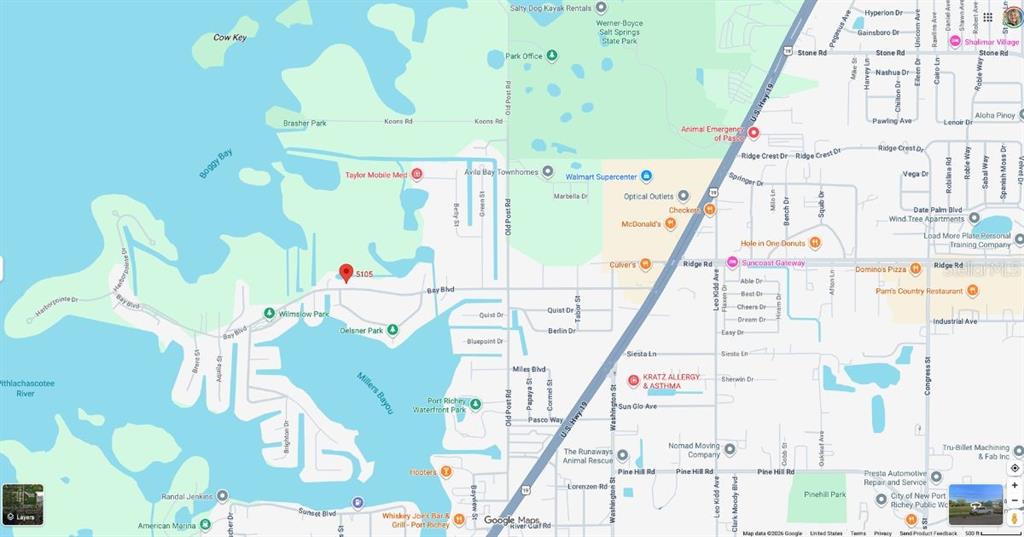 This is a map showing the location of a property in Port Richey, Florida — 5105 BAY BOULEVARD, PORT RICHEY, FL