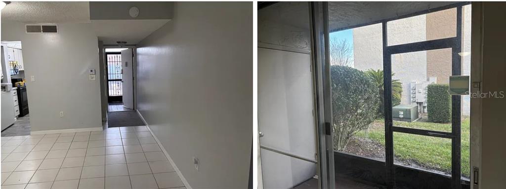 A split-view image shows a tiled interior hallway leading to an entrance and a screened patio — 810 OAKGROVE DRIVE UNIT 175, BRANDON, FL