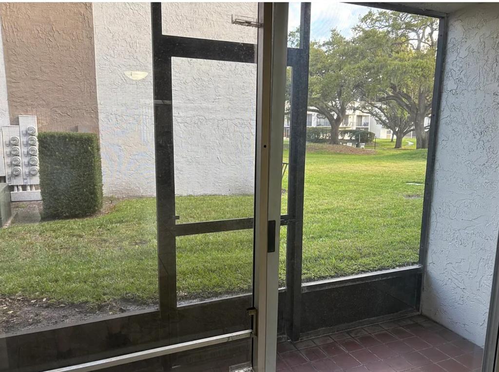 A view from a screened-in patio looking out onto a grassy lawn and apartment buildings — 810 OAKGROVE DRIVE UNIT 175, BRANDON, FL