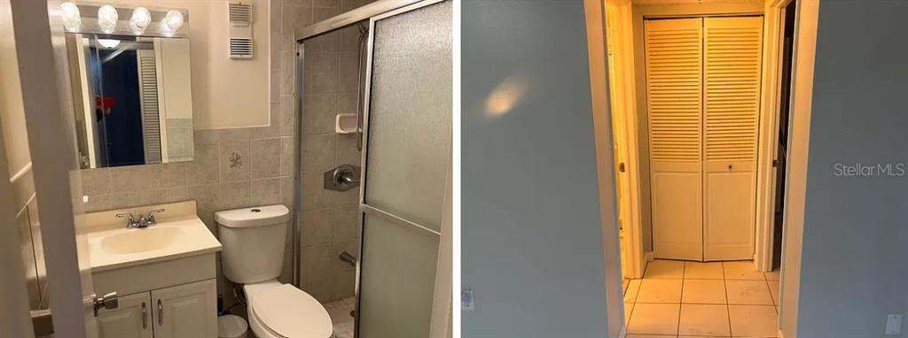 A split-view image showing a bathroom with a vanity and shower and a closet area — 810 OAKGROVE DRIVE UNIT 175, BRANDON, FL