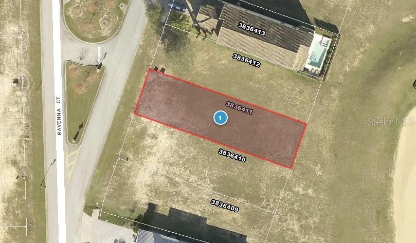 This is an aerial map showing a vacant residential lot highlighted in red — 16238 RAVENNA COURT, MONTVERDE, FL