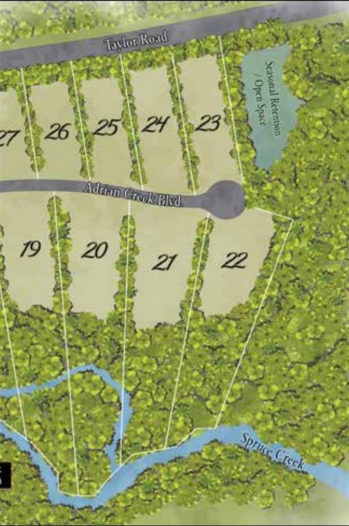 This is a site plan rendering showing residential lots along Adrian Creek Boulevard and Spruce Creek — 1805 ADRIAN CREEK BOULEVARD, PORT ORANGE, FL
