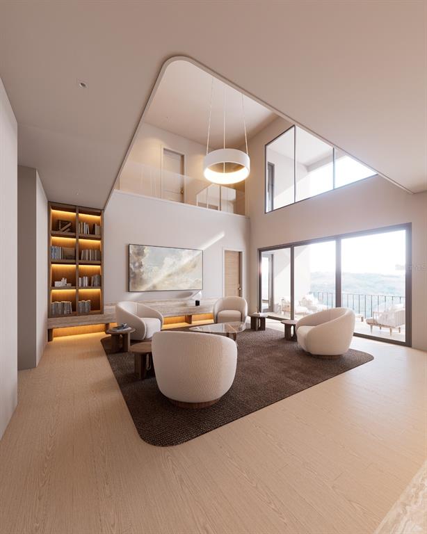 This is a rendering of a modern living room with high ceilings, large windows, and bookshelves — 817 BAY POINT DRIVE, MADEIRA BEACH, FL