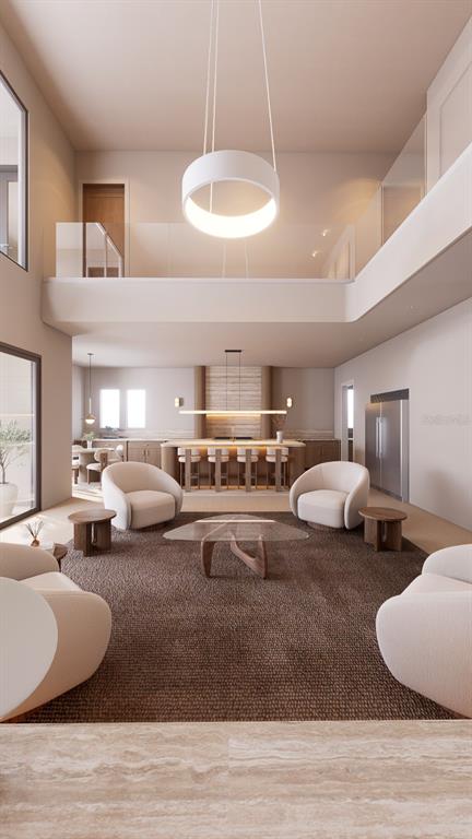 This rendering shows a modern, open-concept living room and kitchen with neutral tones and high ceilings — 817 BAY POINT DRIVE, MADEIRA BEACH, FL