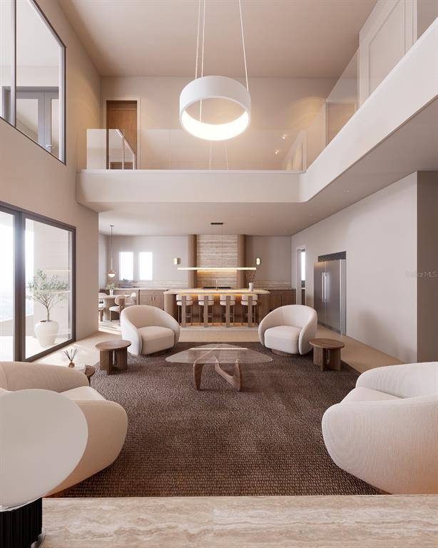 This rendering shows a modern open-concept living room and kitchen with high ceilings and neutral tones — 817 BAY POINT DRIVE, MADEIRA BEACH, FL
