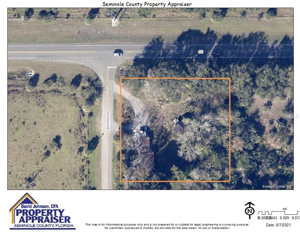 This is an aerial map showing a rectangular property parcel located near a road intersection — 2507 RICHMOND AVE, SANFORD, FL