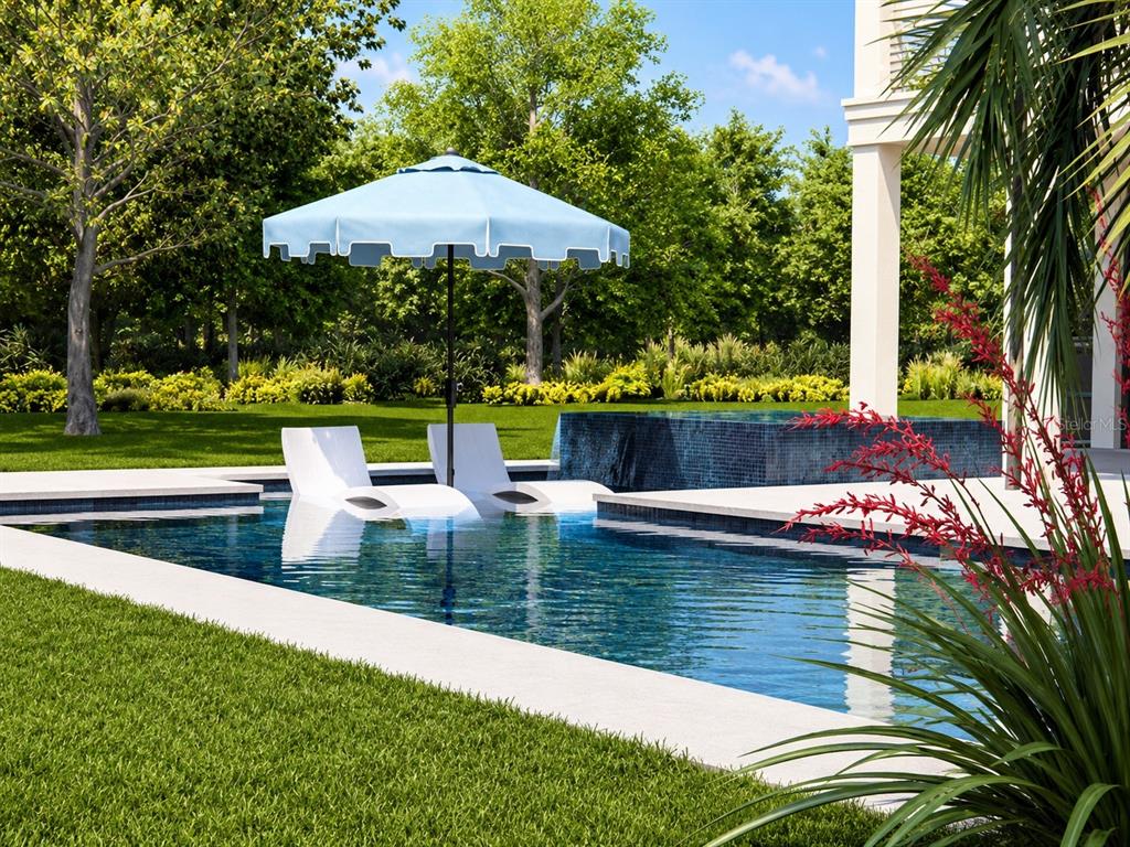 This is a digital rendering of a swimming pool with lounge chairs and a blue umbrella — 6100 BAHAMA SHORES DRIVE S, ST PETERSBURG, FL