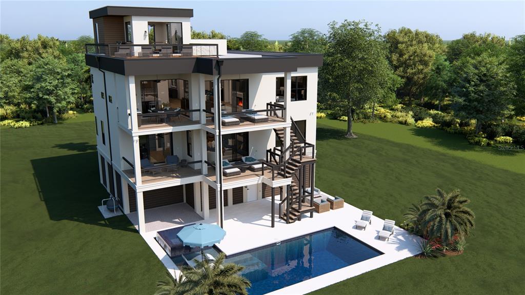 A digital rendering of a modern three-story house with a pool and rooftop deck — 6100 BAHAMA SHORES DRIVE S, ST PETERSBURG, FL