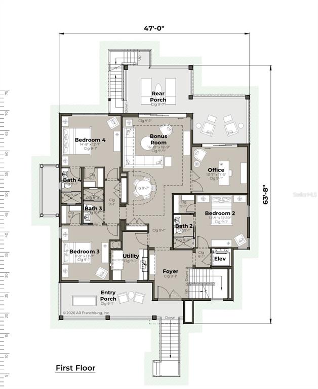 This rendering shows a living room with a brown sectional, fireplace, and balcony view — 6100 BAHAMA SHORES DRIVE S, ST PETERSBURG, FL