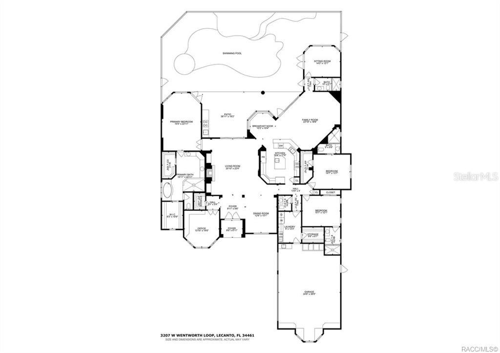 This is a floor plan of a house featuring a swimming pool and a garage — 3207 W WENTWORTH LOOP, LECANTO, FL