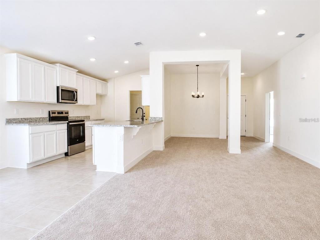 A kitchen with white cabinets and granite countertops opens to a carpeted dining area — 1671 ANN ROSE WAY, LEESBURG, FL