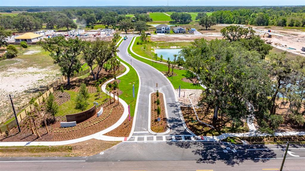 An aerial view shows the entrance to a residential community with a curved road — 3023 PARAPET TERRACE, PLANT CITY, FL