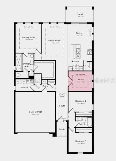 This is a floor plan for a single-story house with three bedrooms, a study, and garage — 3023 PARAPET TERRACE, PLANT CITY, FL