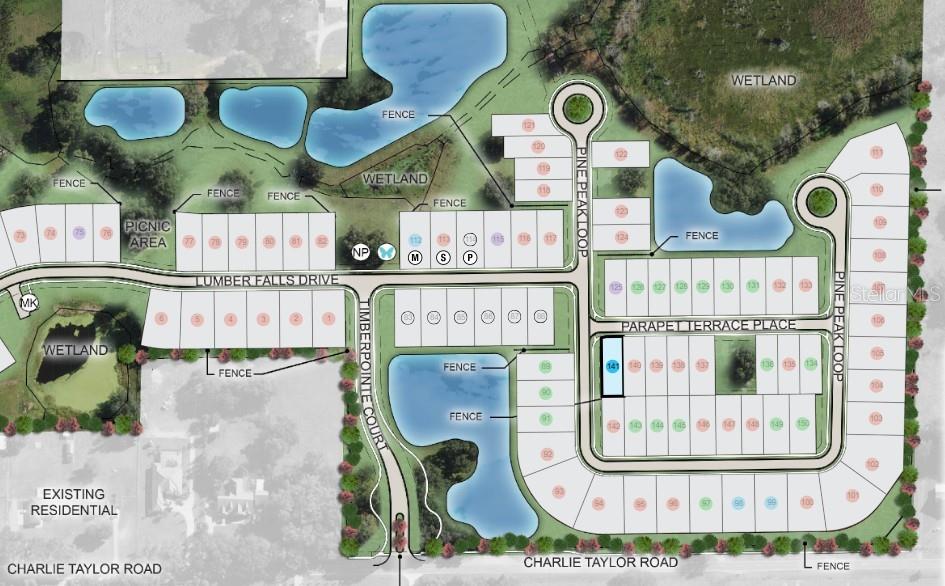 This is a site plan rendering showing a residential subdivision layout with lots, roads, and wetlands — 3023 PARAPET TERRACE, PLANT CITY, FL