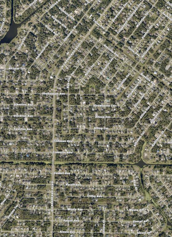 This is an aerial map view of a residential neighborhood with a grid of streets — ALLSUP TERRACE, NORTH PORT, FL