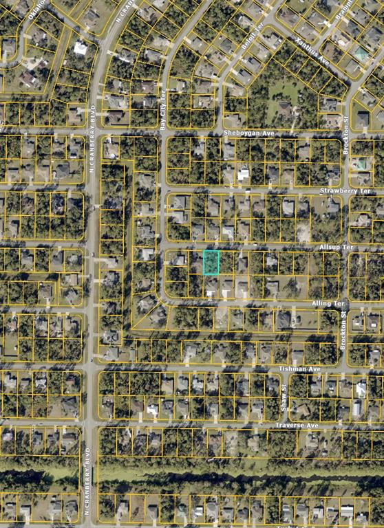 This is an aerial map showing a highlighted residential lot in a suburban neighborhood — ALLSUP TERRACE, NORTH PORT, FL