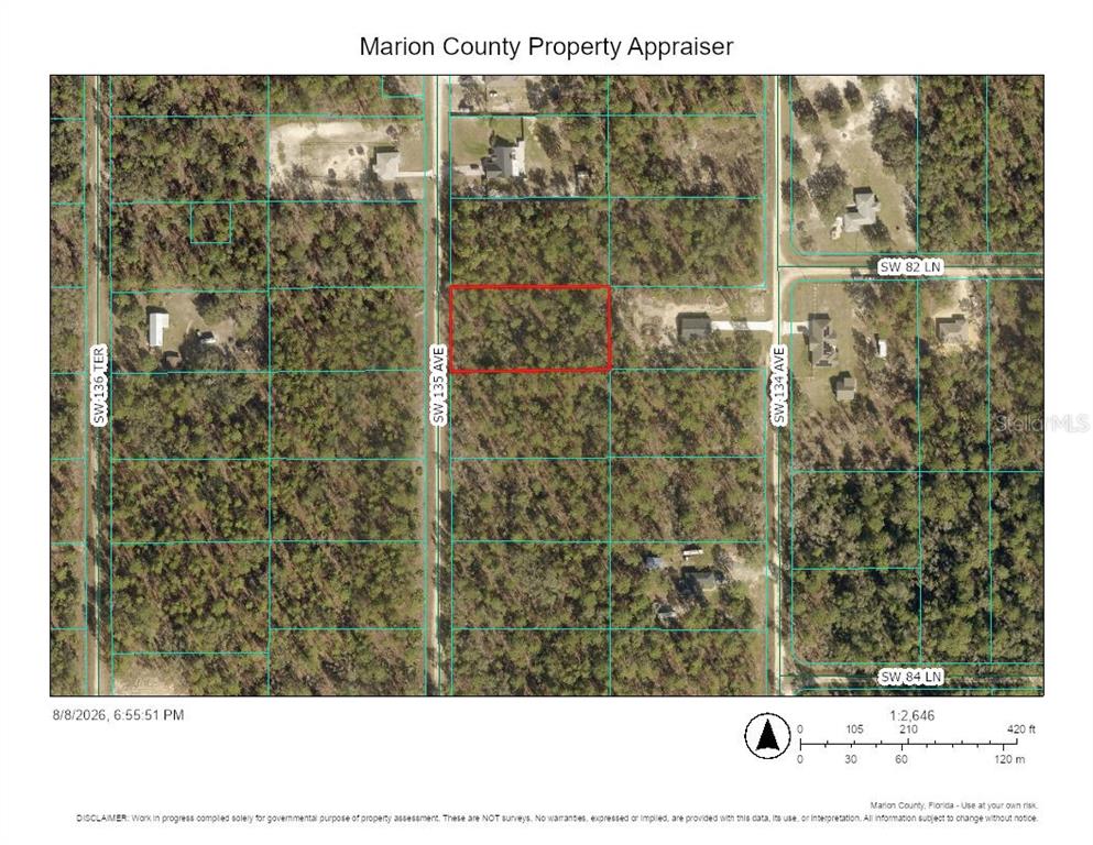 This is a property map showing a rectangular parcel of land outlined in red — 0 SW 135TH AVENUE, DUNNELLON, FL