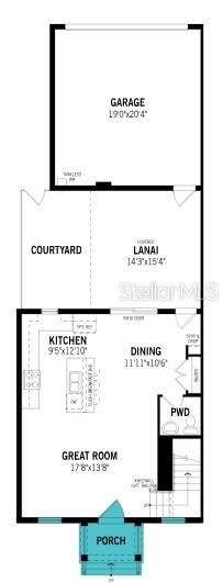 This is a floor plan of a home featuring a garage, courtyard, lanai, and living areas — 1792 HEADLAND LOOP, CELEBRATION, FL