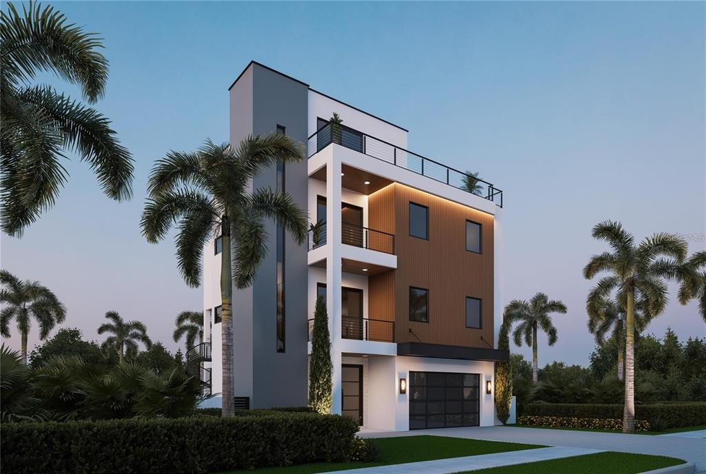 A digital rendering of a modern three-story home with a garage and rooftop terrace — 300 176TH AVENUE CIRCLE, REDINGTON SHORES, FL