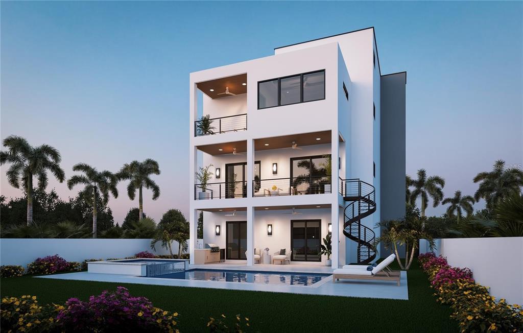This is a rendering of a three-story modern house with balconies, a pool, and spiral staircase — 300 176TH AVENUE CIRCLE, REDINGTON SHORES, FL