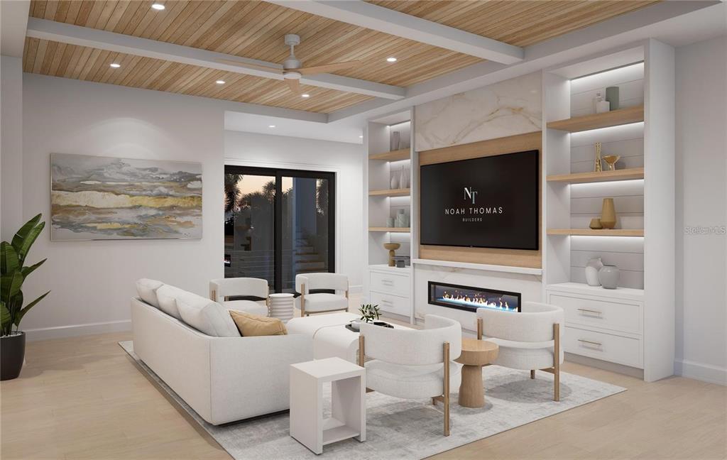 This rendering shows a modern living room with a wood-paneled ceiling, fireplace, and built-in shelving — 300 176TH AVENUE CIRCLE, REDINGTON SHORES, FL