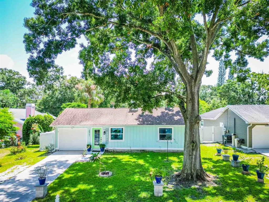 A light blue single-story house with a large tree in the front yard — 2941 BAY VIEW DRIVE, SAFETY HARBOR, FL