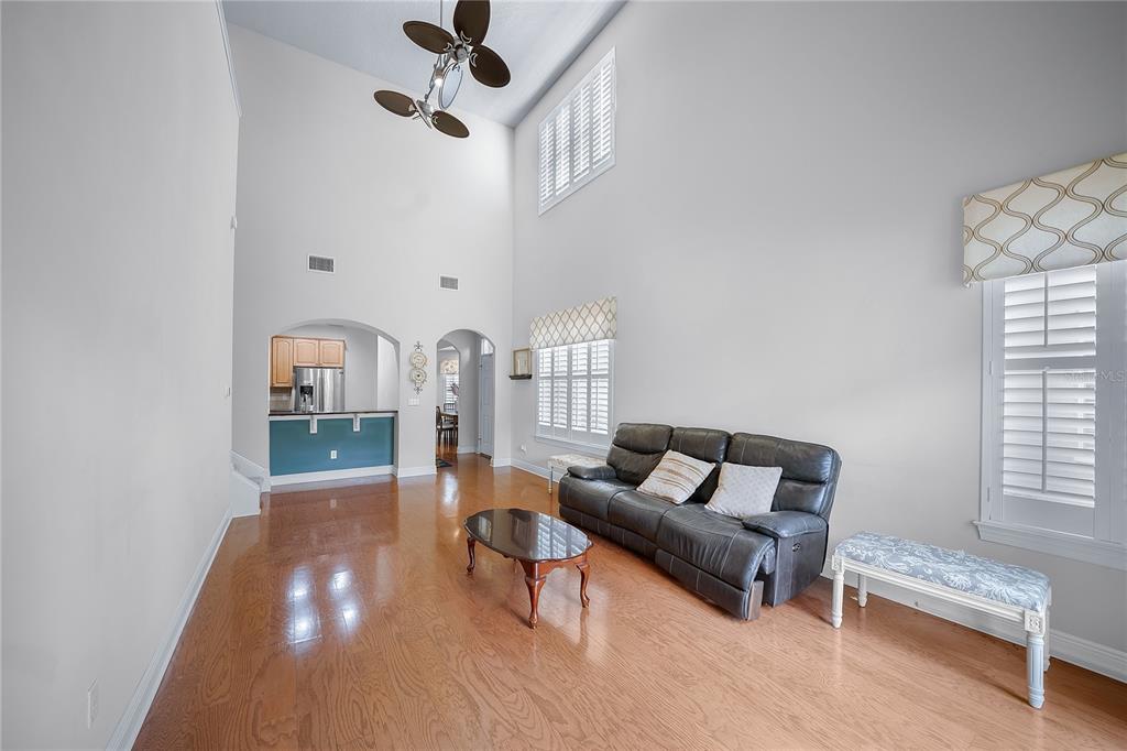 A living room with high ceilings, hardwood floors, a dark sofa, and a ceiling fan — 4961 ANNISTON CIRCLE, TAMPA, FL