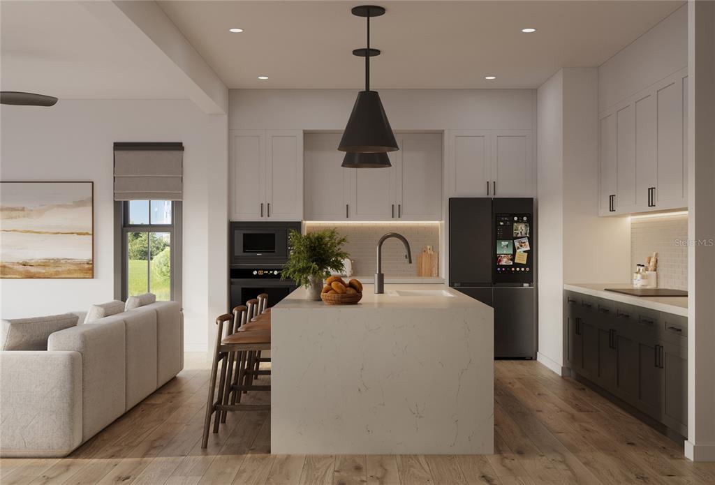 This rendering shows a modern kitchen with a central island, dark cabinetry, and light countertops — 1012 COURTLAND STREET, ORLANDO, FL