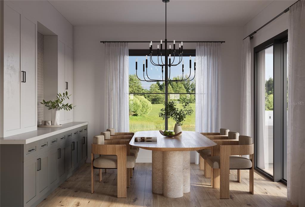 This rendering shows a dining room with a wooden table, stone base, and chandelier — 1012 COURTLAND STREET, ORLANDO, FL