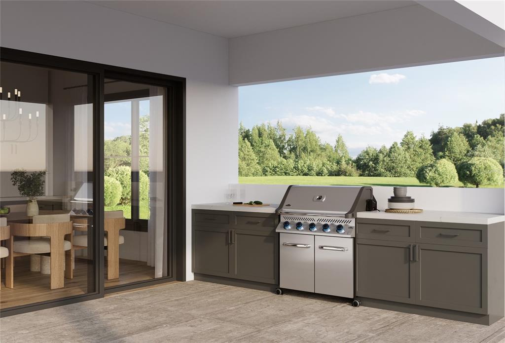 This rendering shows an outdoor kitchen on a patio with a grill and gray cabinetry — 1012 COURTLAND STREET, ORLANDO, FL