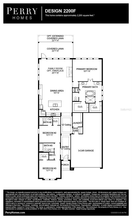 This is a floor plan for a Perry Homes house design featuring three bedrooms and a garage — 326 HOLLY BANK AVENUE, NOKOMIS, FL