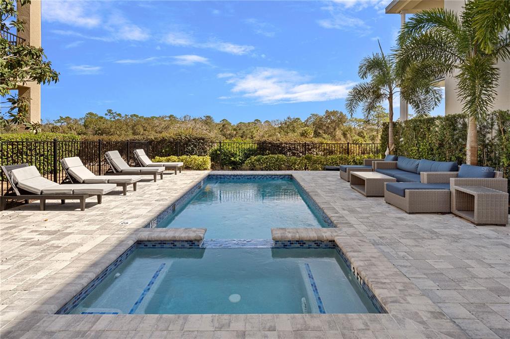 A rectangular swimming pool and attached spa are surrounded by lounge chairs and patio furniture — 7622 EXCITEMENT DRIVE, REUNION, FL