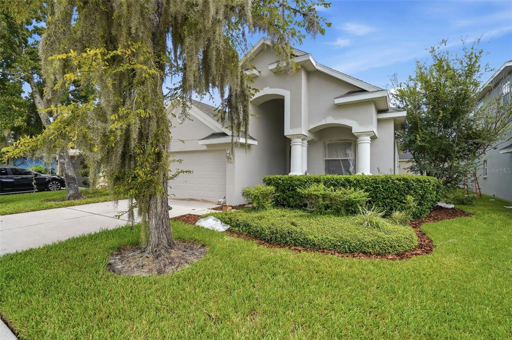 A single-story suburban house with a beige stucco exterior, a two-car garage, and landscaping — 30718 PUMPKIN RIDGE DRIVE, WESLEY CHAPEL, FL