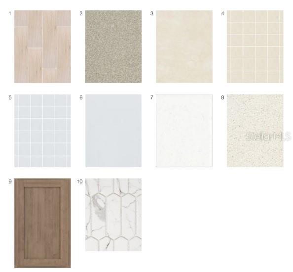 This image displays a grid of ten interior design material samples, including flooring, tiles, and cabinetry — 32477 SEA LOCH LOOP, MOUNT DORA, FL