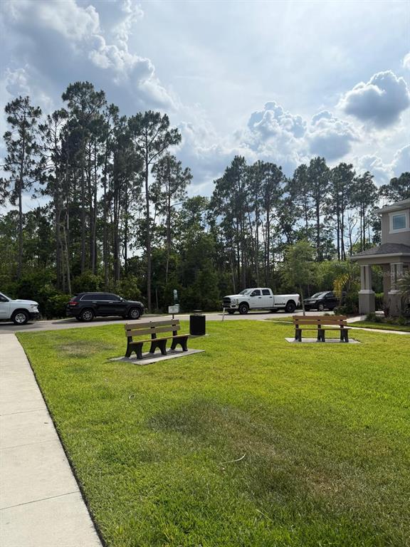 A grassy lawn features two benches and a trash can with parked cars in the background — 8866 HERENCIA ALY, WINDERMERE, FL