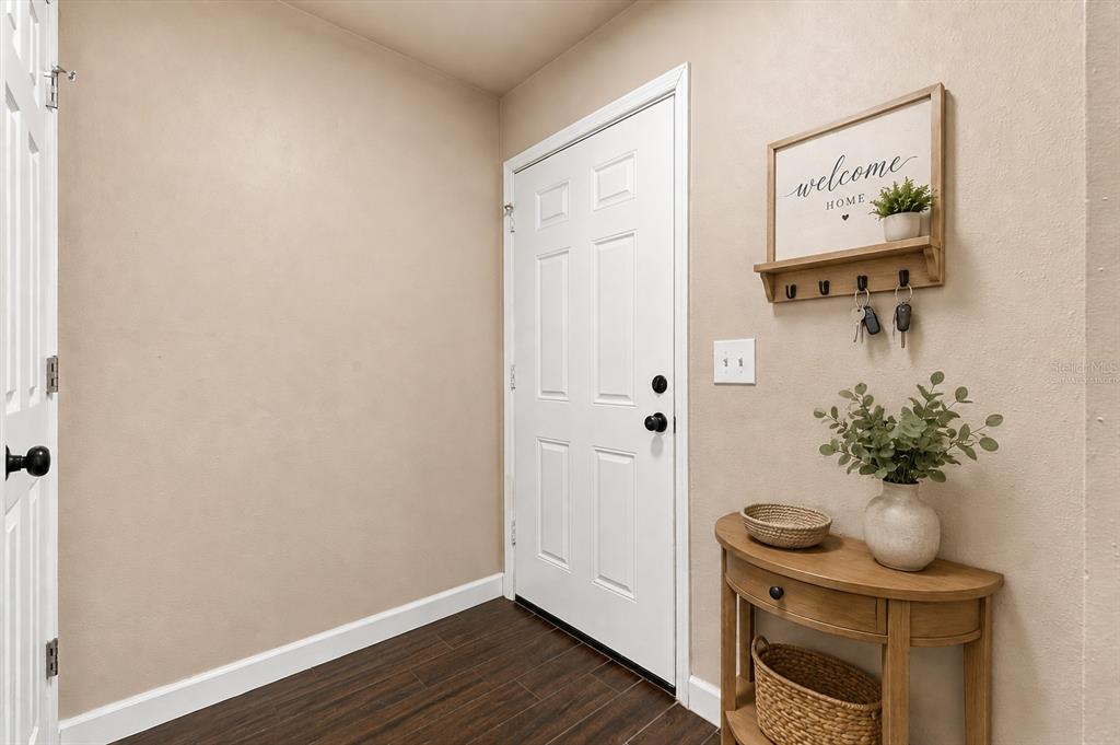 An entryway features a white door, wood-look flooring, a console table, and a wall-mounted key rack — 3324 LAUREL VIEW DRIVE, BRANDON, FL