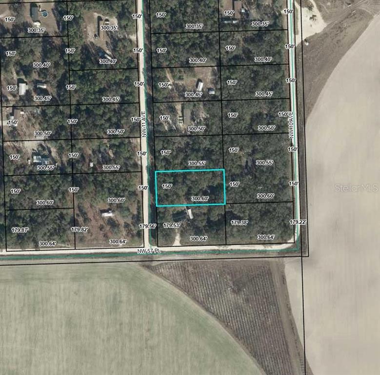 This is an aerial map showing a highlighted rectangular land parcel with surrounding lots — NW 11TH AVENUE, BELL, FL