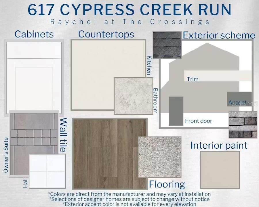 This design board displays samples of interior finishes, flooring, and exterior color schemes for a home — 617 CYPRESS CREEK RUN, ST CLOUD, FL