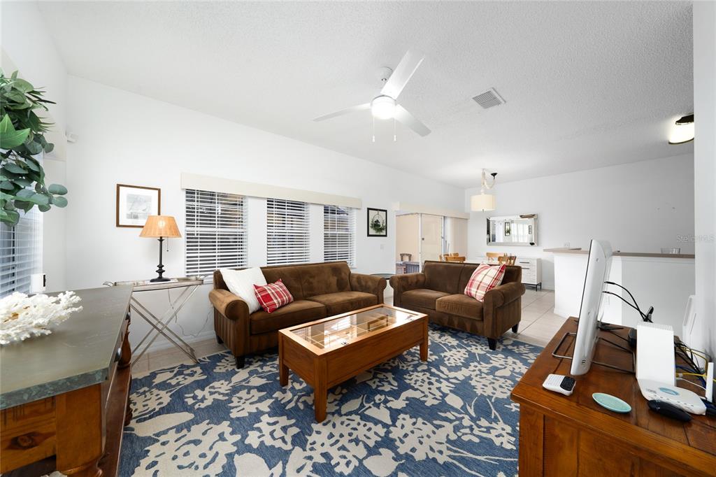 A living room features brown sofas, a blue patterned rug, and a ceiling fan — 4756 ORMOND BEACH WAY, KISSIMMEE, FL