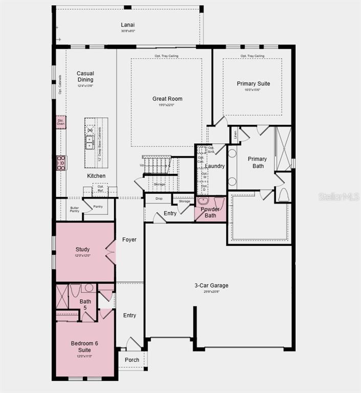 This is a floor plan of a single-story home featuring a three-car garage and lanai — 14226 SAWMILL STREET, PARRISH, FL