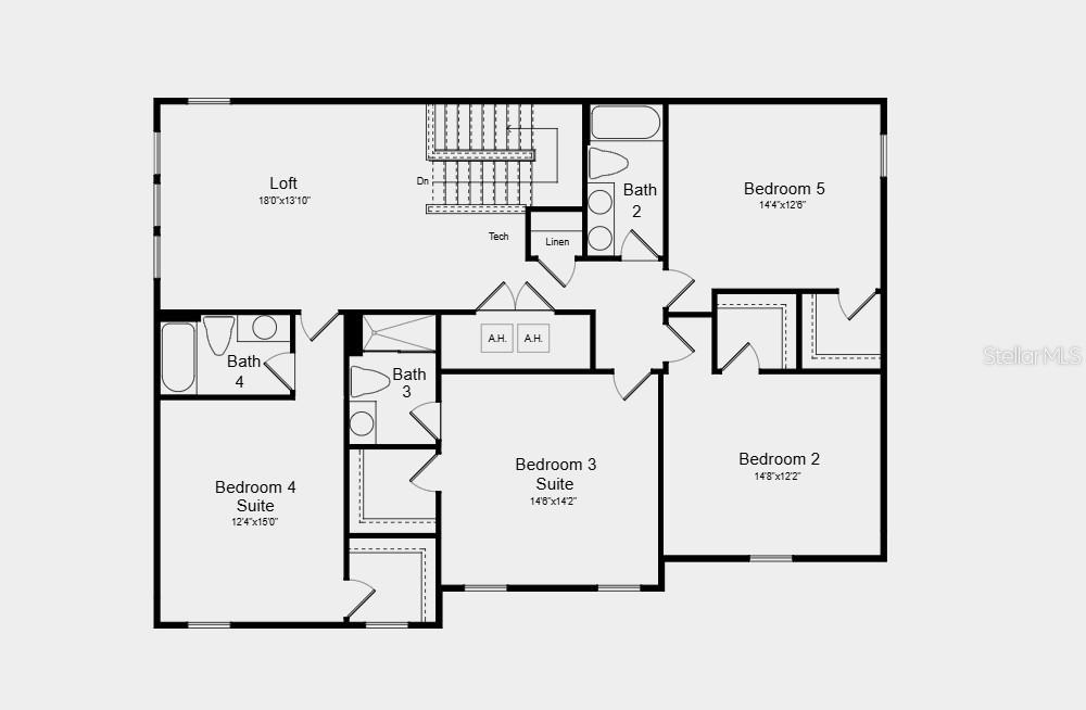 This is a floor plan of a residential second floor featuring four bedrooms and a loft — 14226 SAWMILL STREET, PARRISH, FL