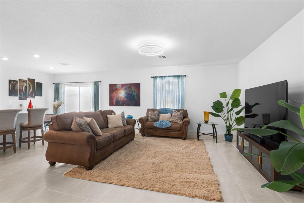 A living room features brown sofas, a beige area rug, and a large television — 13524 CAMELOT CT, PARRISH, FL
