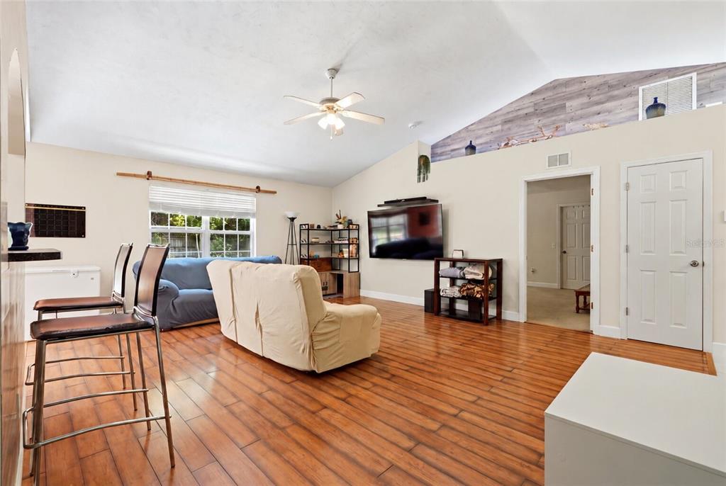 A living room features mint green walls, wood-look flooring, a vaulted ceiling, and two sofas — 17686 NW 239TH TERRACE, HIGH SPRINGS, FL