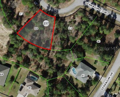 This is an aerial map showing a vacant residential lot outlined in red — 6 GERANIUM COURT W, HOMOSASSA, FL