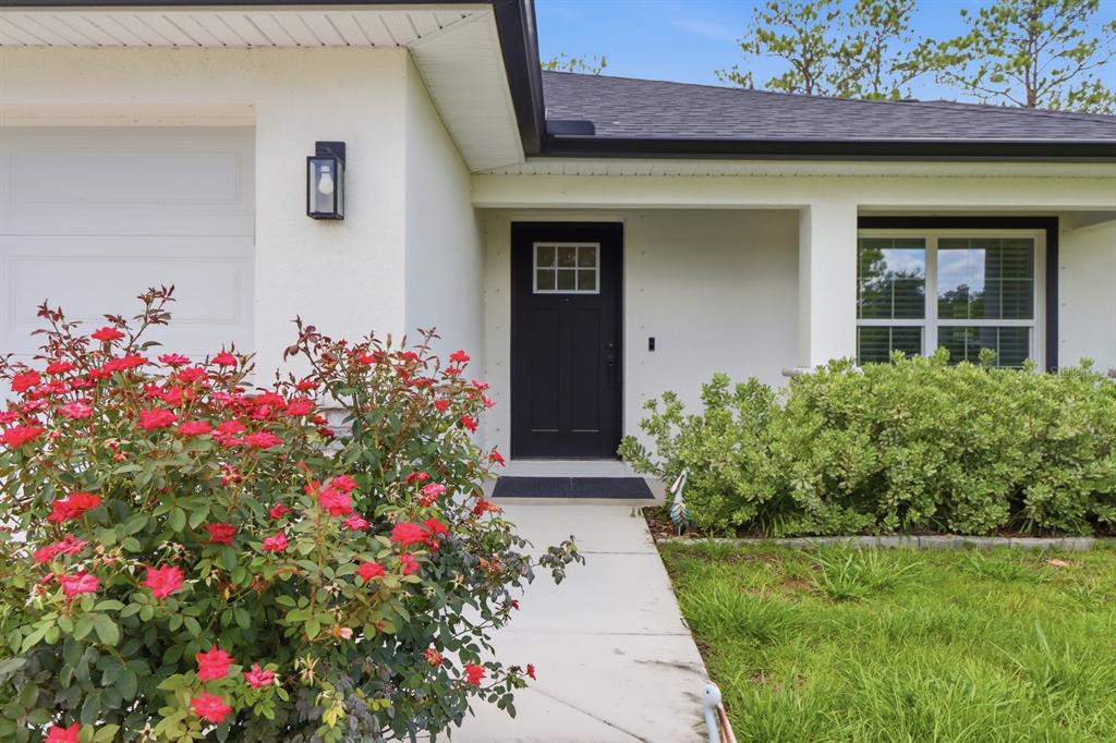 A white house exterior features a black front door, a walkway, and a rose bush — 14487 GOLDENEYE ROAD, WEEKI WACHEE, FL