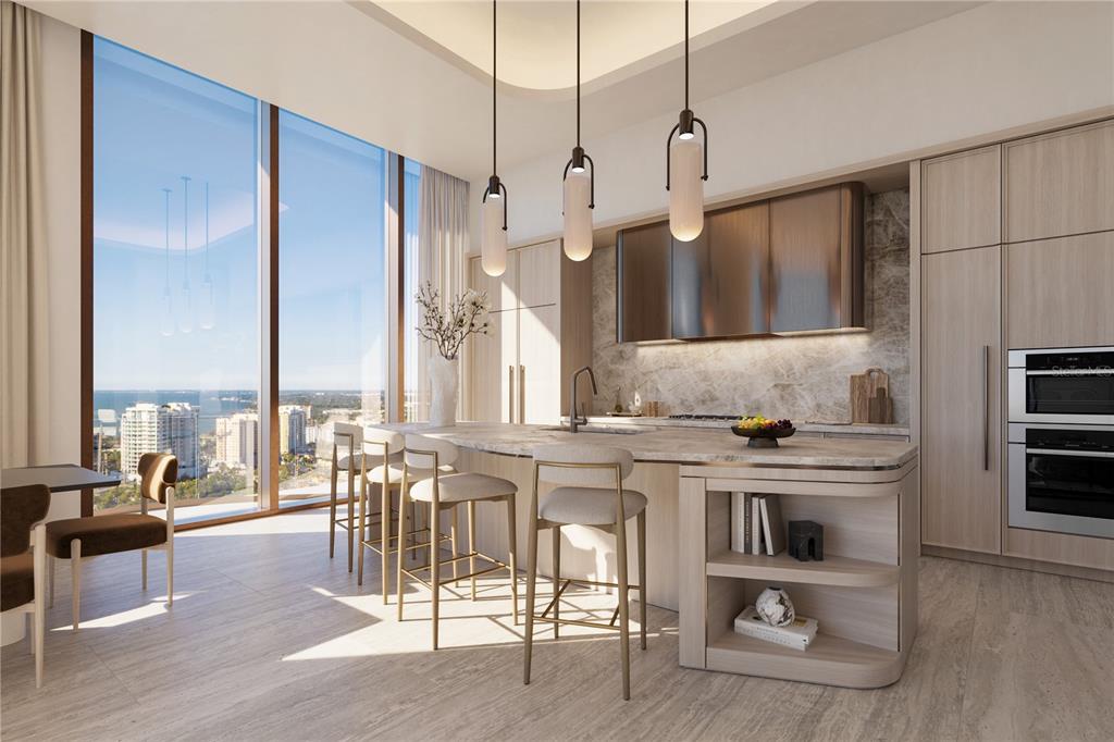 This rendering shows a modern kitchen with light wood cabinetry, stone countertops, and floor-to-ceiling windows — 1390 MAIN STREET UNIT 1505, SARASOTA, FL