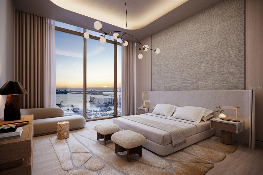 This rendering shows a modern bedroom with a large window overlooking a coastal city view — 1390 MAIN STREET UNIT 1505, SARASOTA, FL
