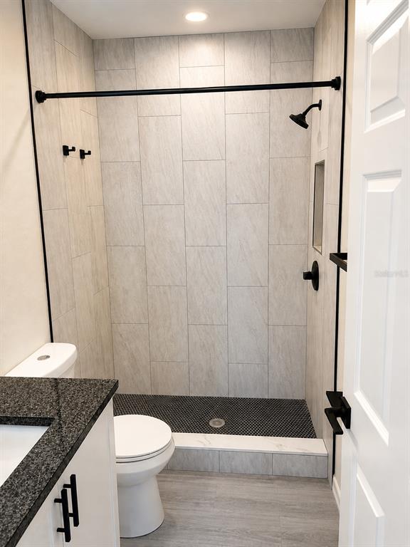 A bathroom features a tiled walk-in shower, a toilet, and a vanity with a stone countertop — 1710 W NORTH B STREET UNIT 2, TAMPA, FL